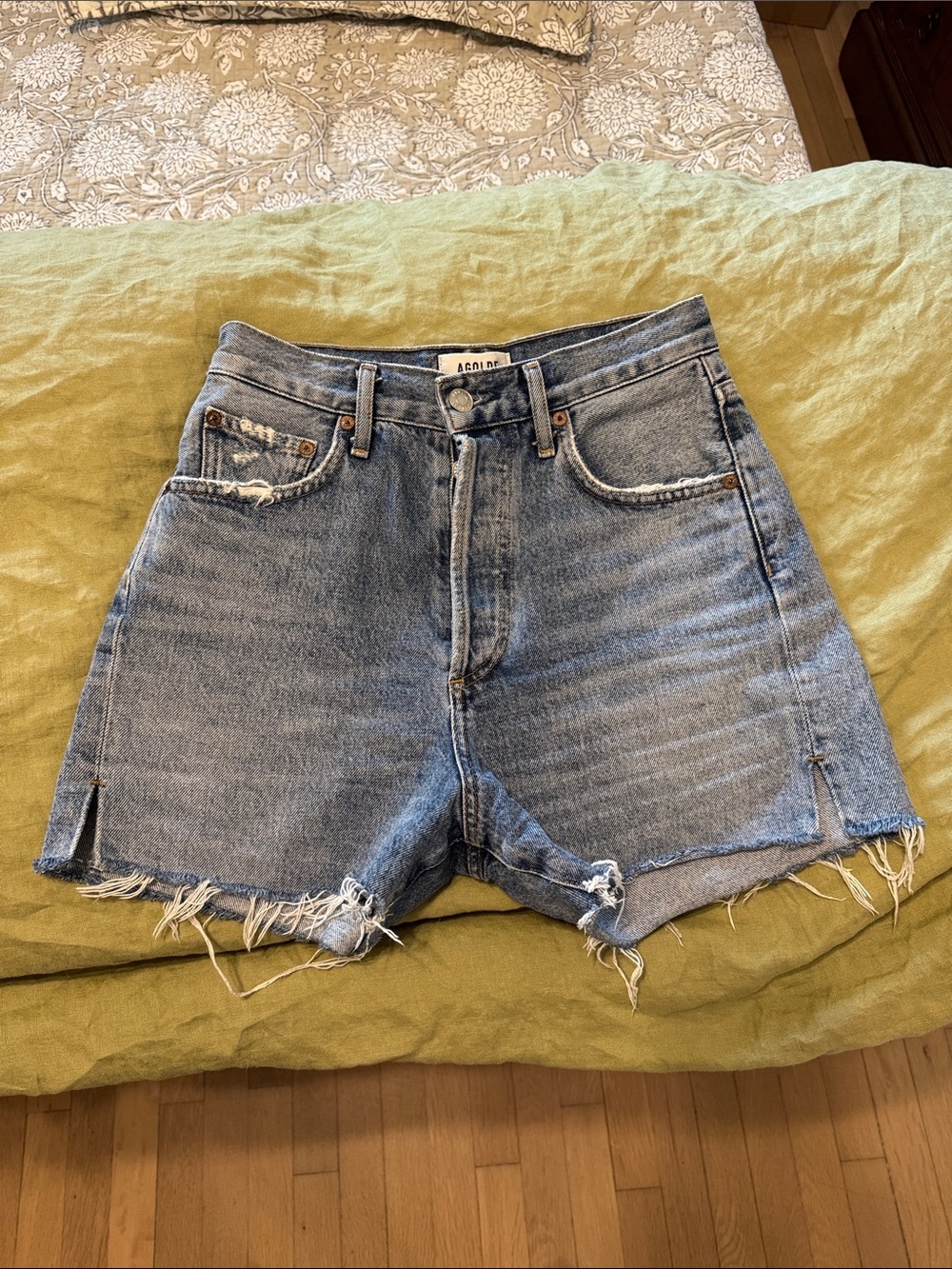 Agolde Light Blue Distressed High-Rise Jean Shorts
